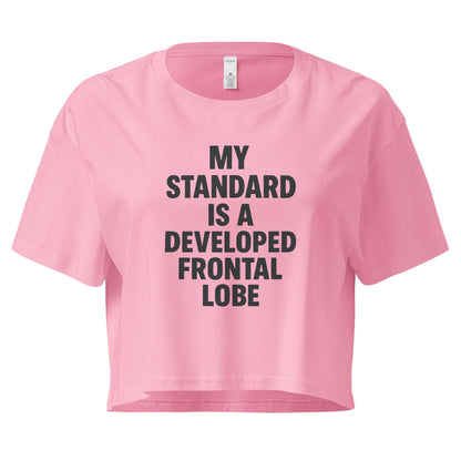 Pink crop top with black text on a white background