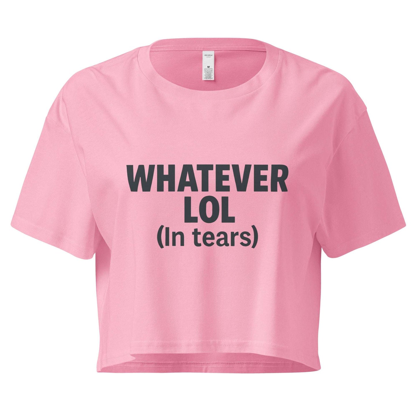 Pink crop top with black text on a white background