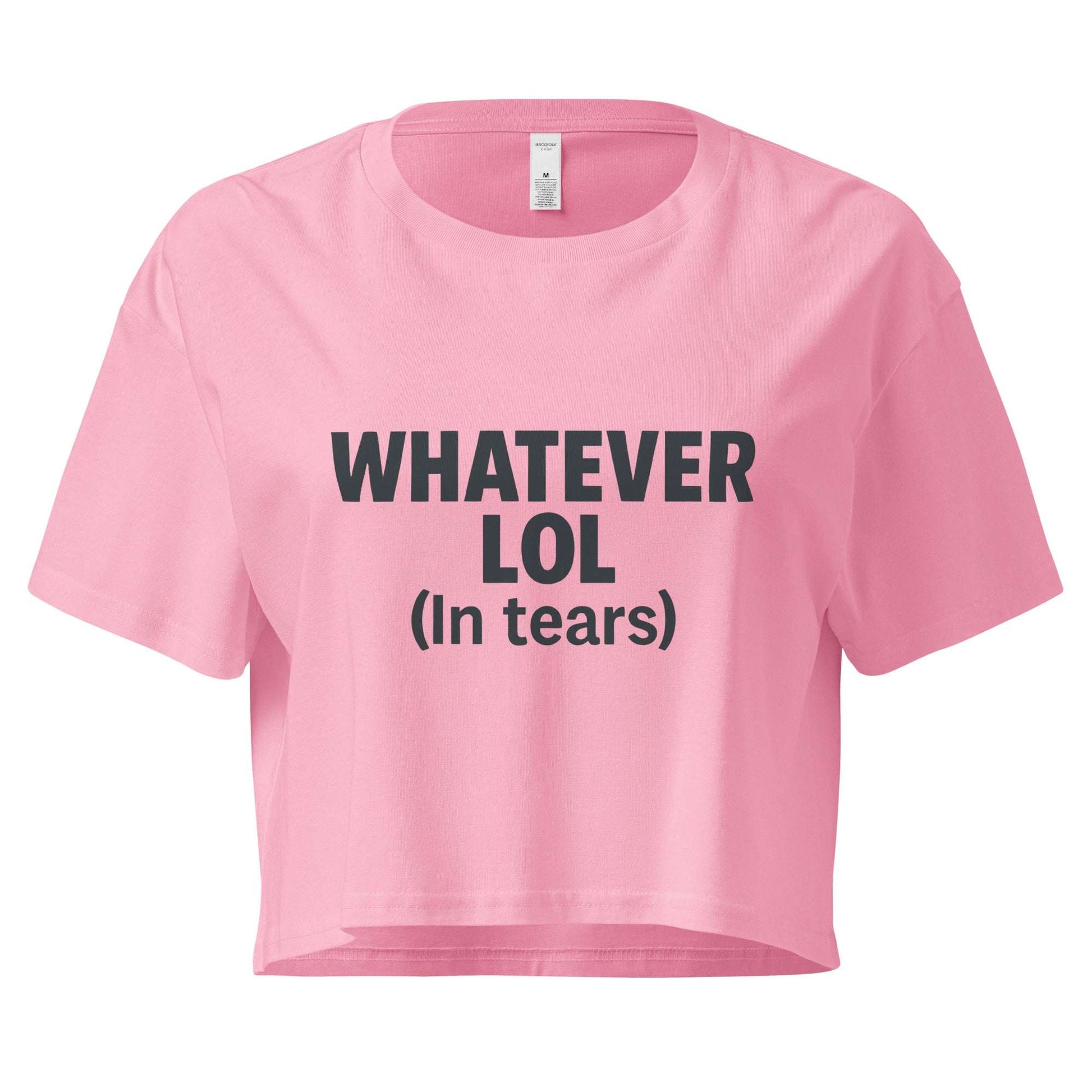 Pink crop top with black text on a white background