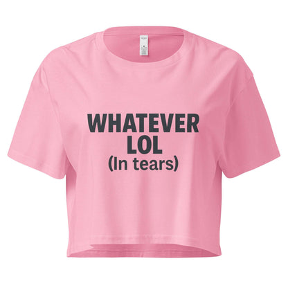 Pink crop top with black text on a white background
