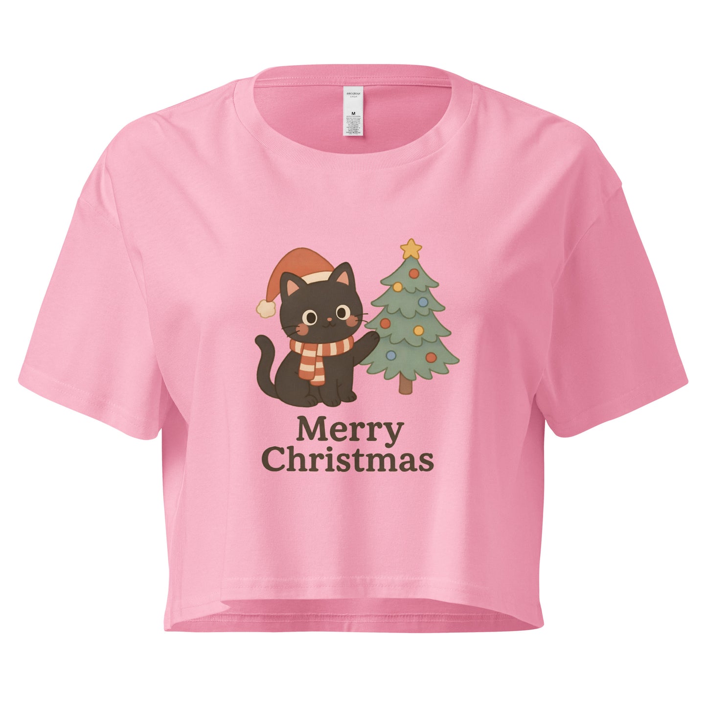 Pink Christmas crop top with cute festive cat design