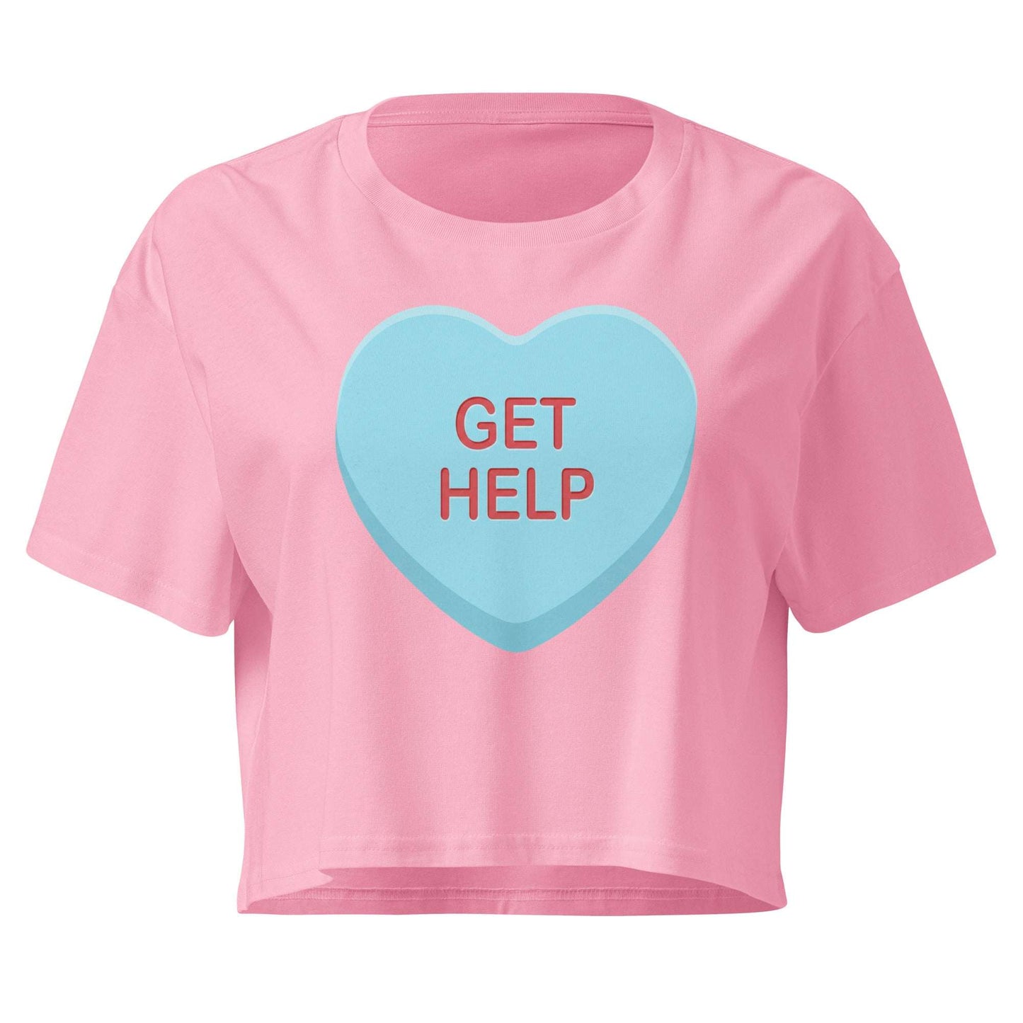 Pink crop top with a blue heart-shaped candy and 'GET HELP' text on a white background