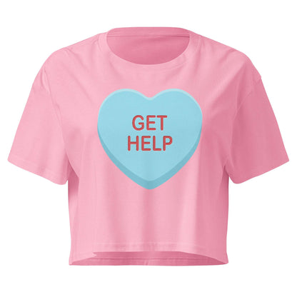 Pink crop top with a blue heart-shaped candy and 'GET HELP' text on a white background