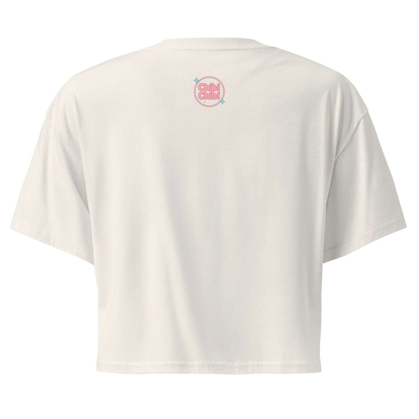 White t-shirt with a logo on the back against a white background