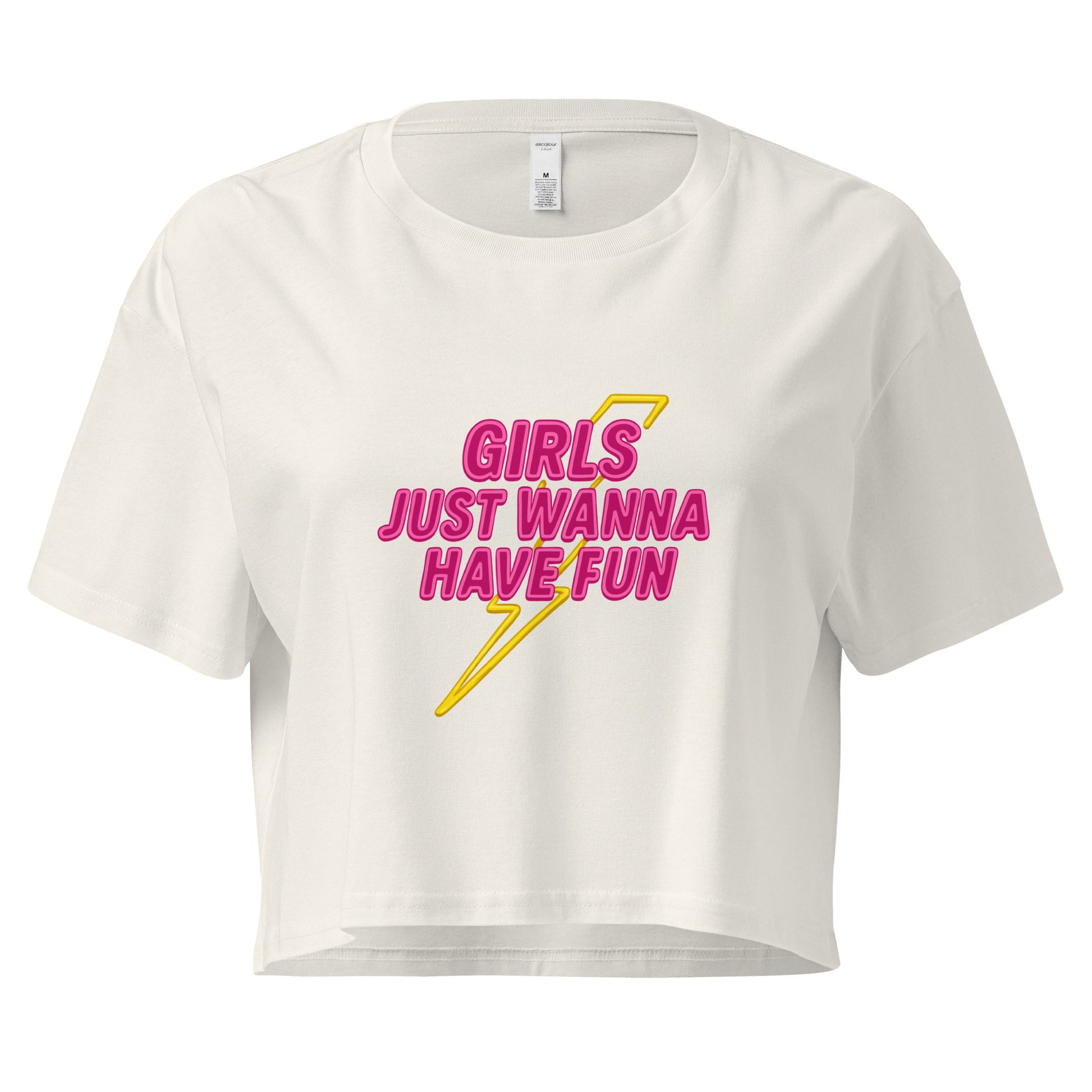 White crop top with pink and yellow text on a white background