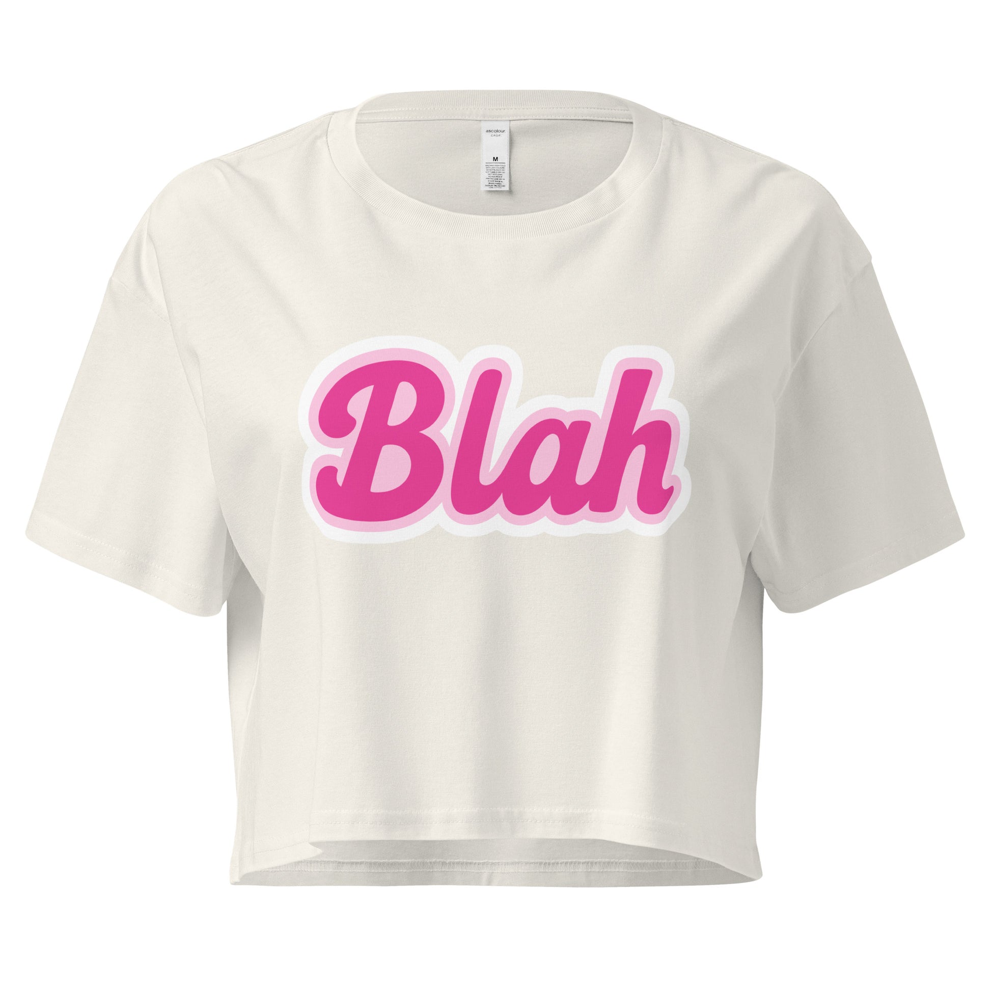 White crop top with pink 'Blah' text on a white background