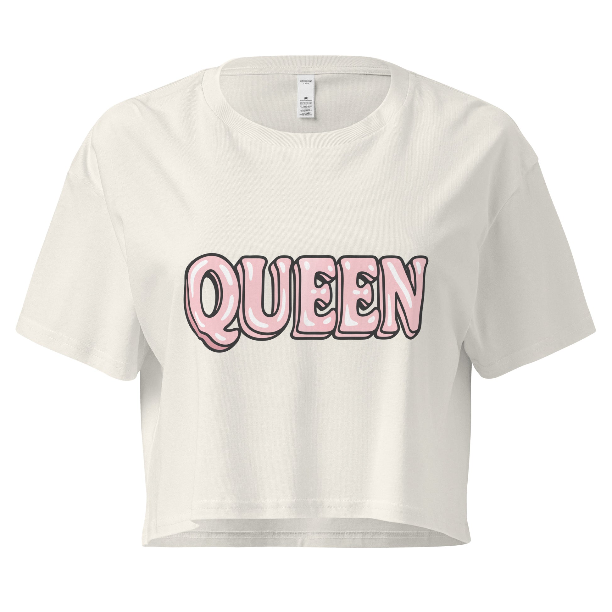 White crop top with 'QUEEN' printed in pink on a white background