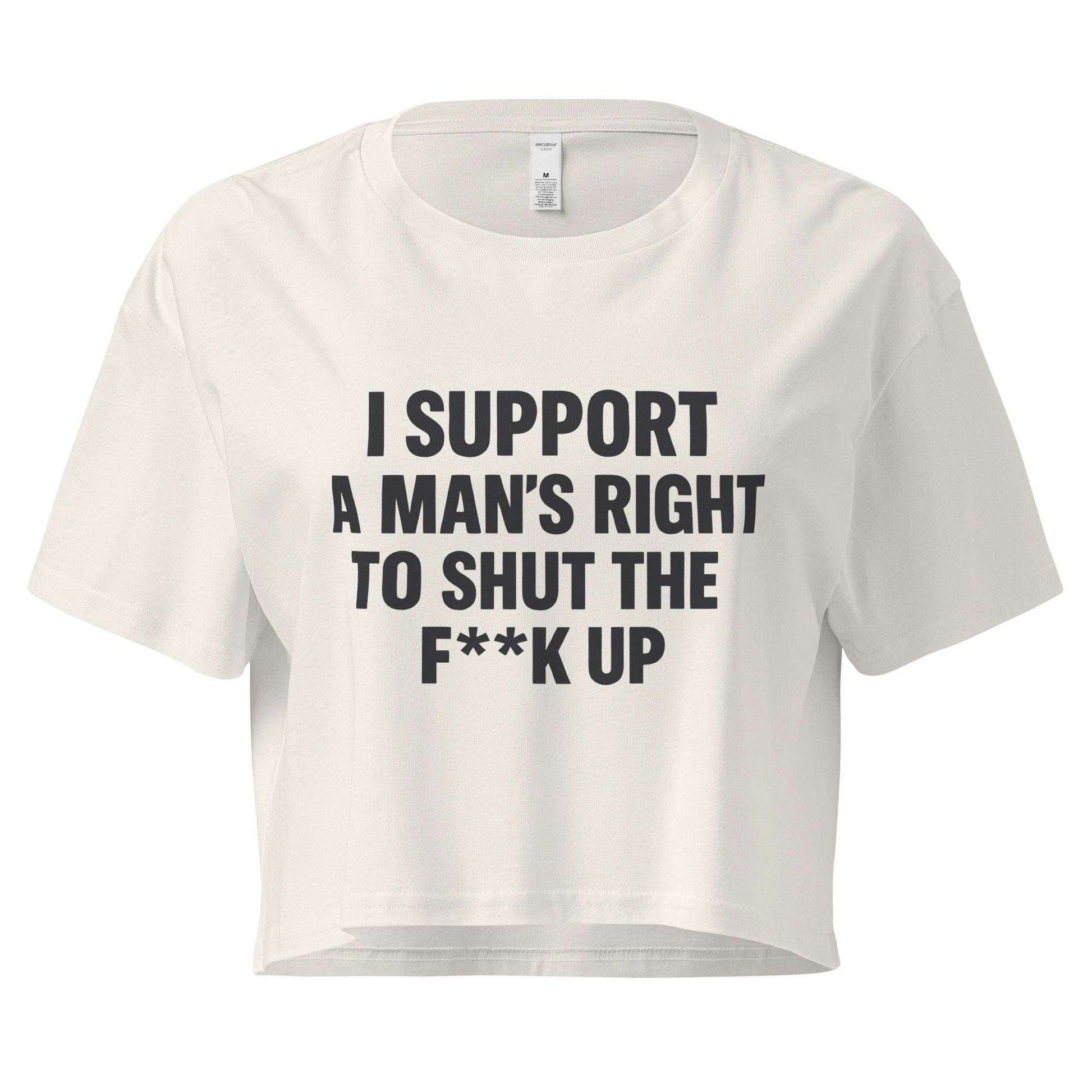 White crop top with black text on a white background