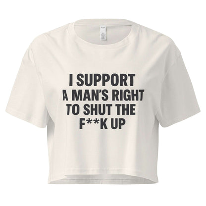 White crop top with black text on a white background