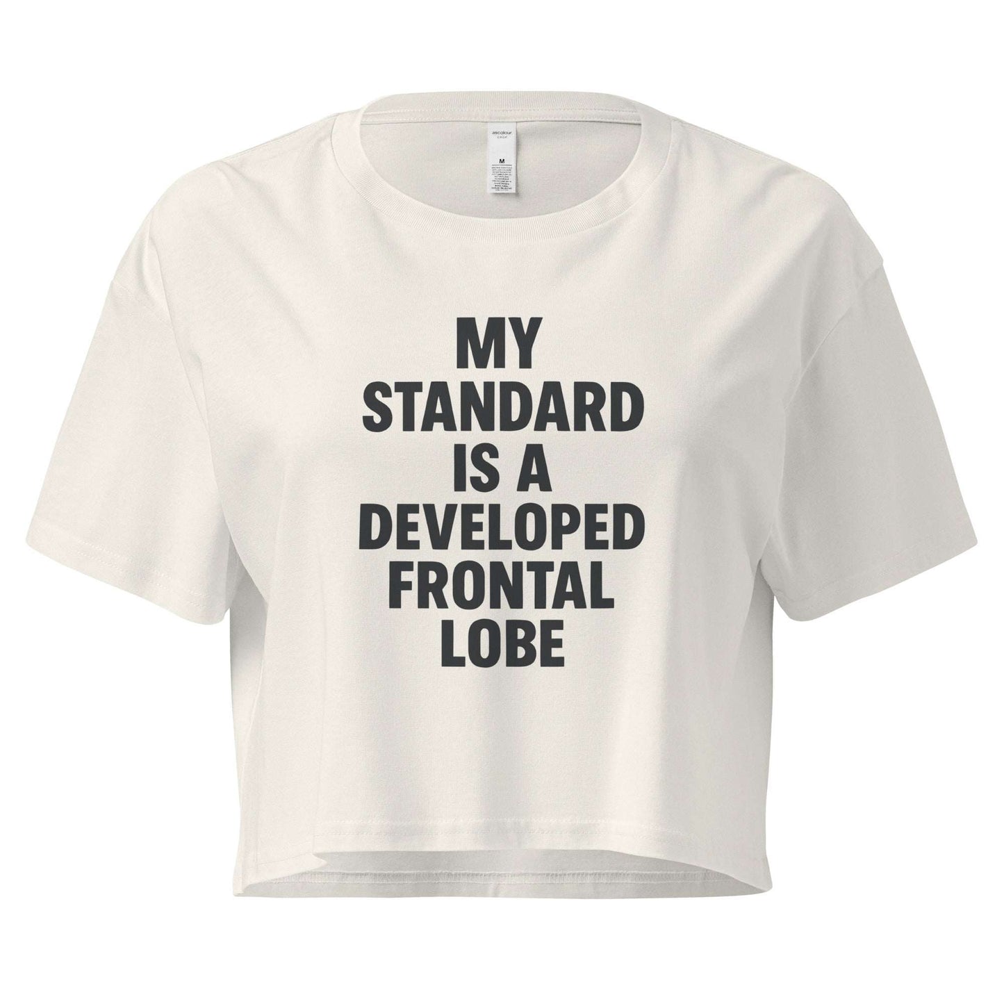 White crop top with black text on a white background