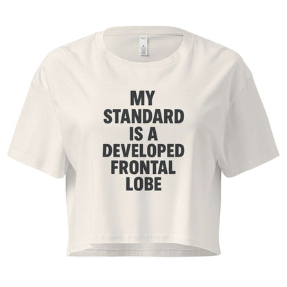 White crop top with black text on a white background
