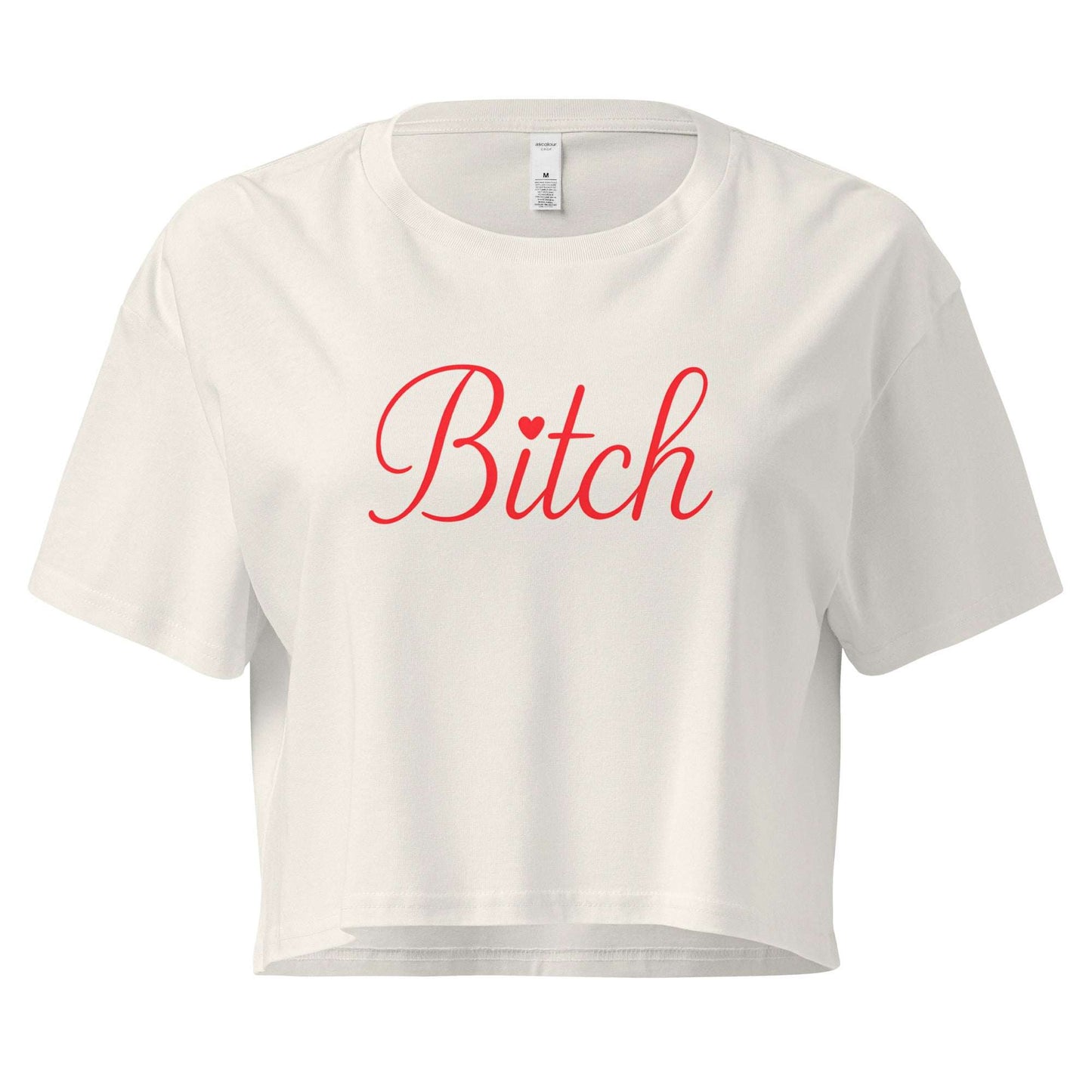 White crop top with red text 'Bitch' on a white background