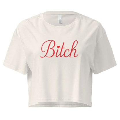 White crop top with red text 'Bitch' on a white background