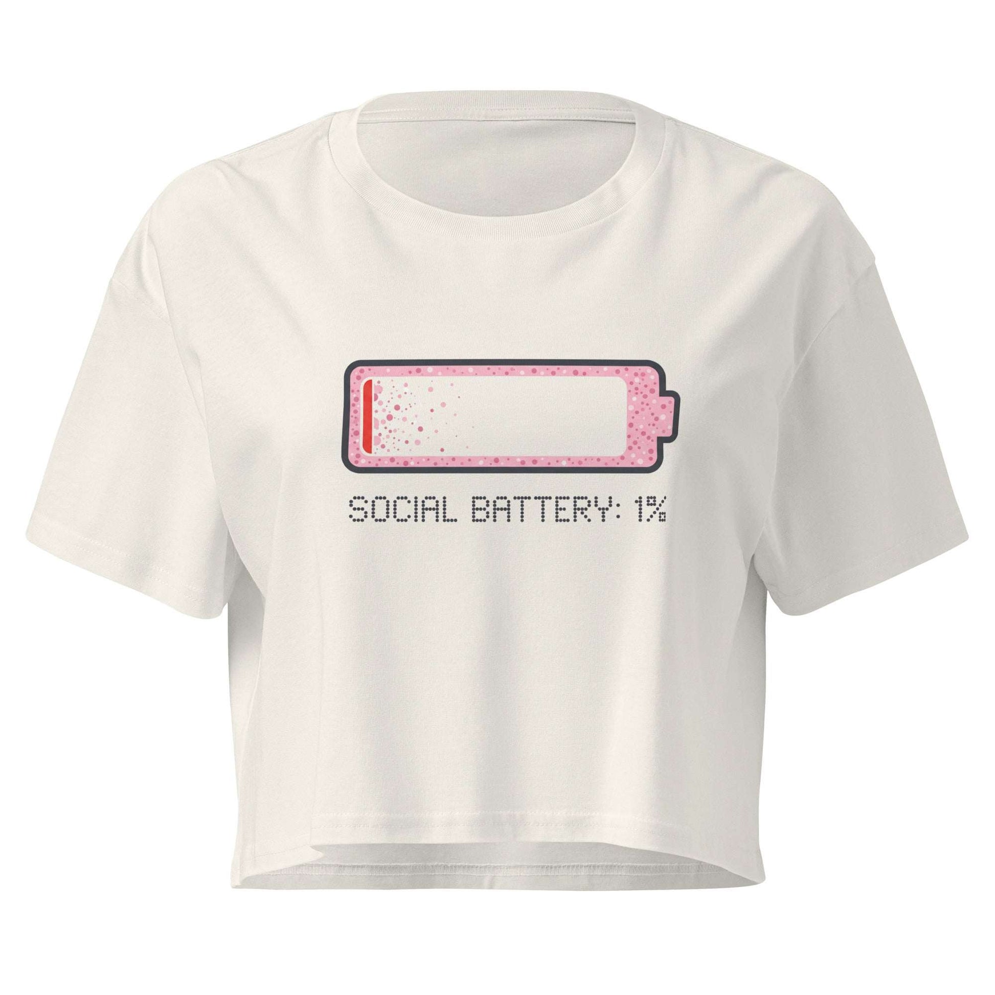 White t-shirt with a graphic of a battery and text 'SOCIAL BATTERY: 1%' on a white background