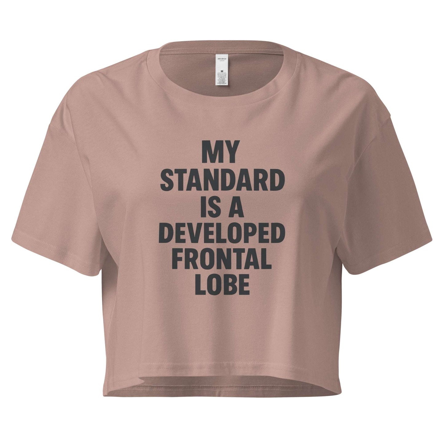 Brown crop top with text on a white background