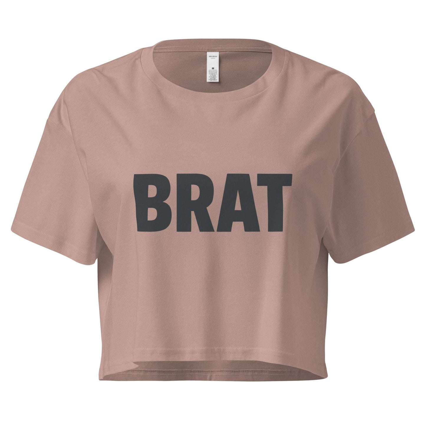 Brown crop top with 'BRAT' text on a white background