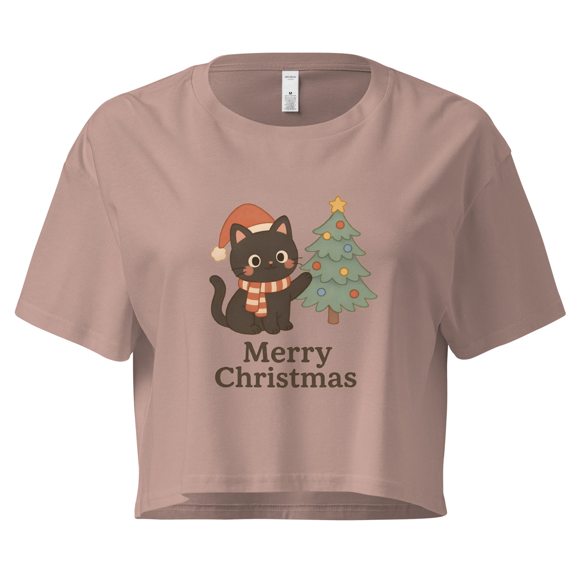 Kawaii Christmas crop top with festive cat and Christmas tree graphic