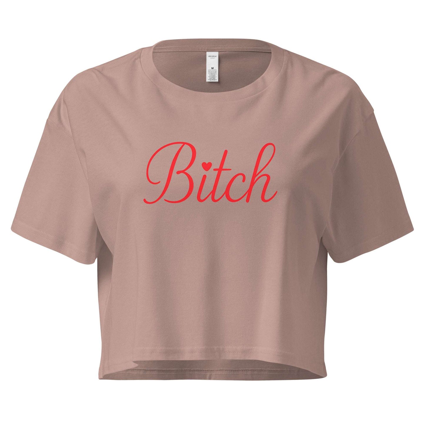 Brown crop top with 'Bitch' printed in red on a white background