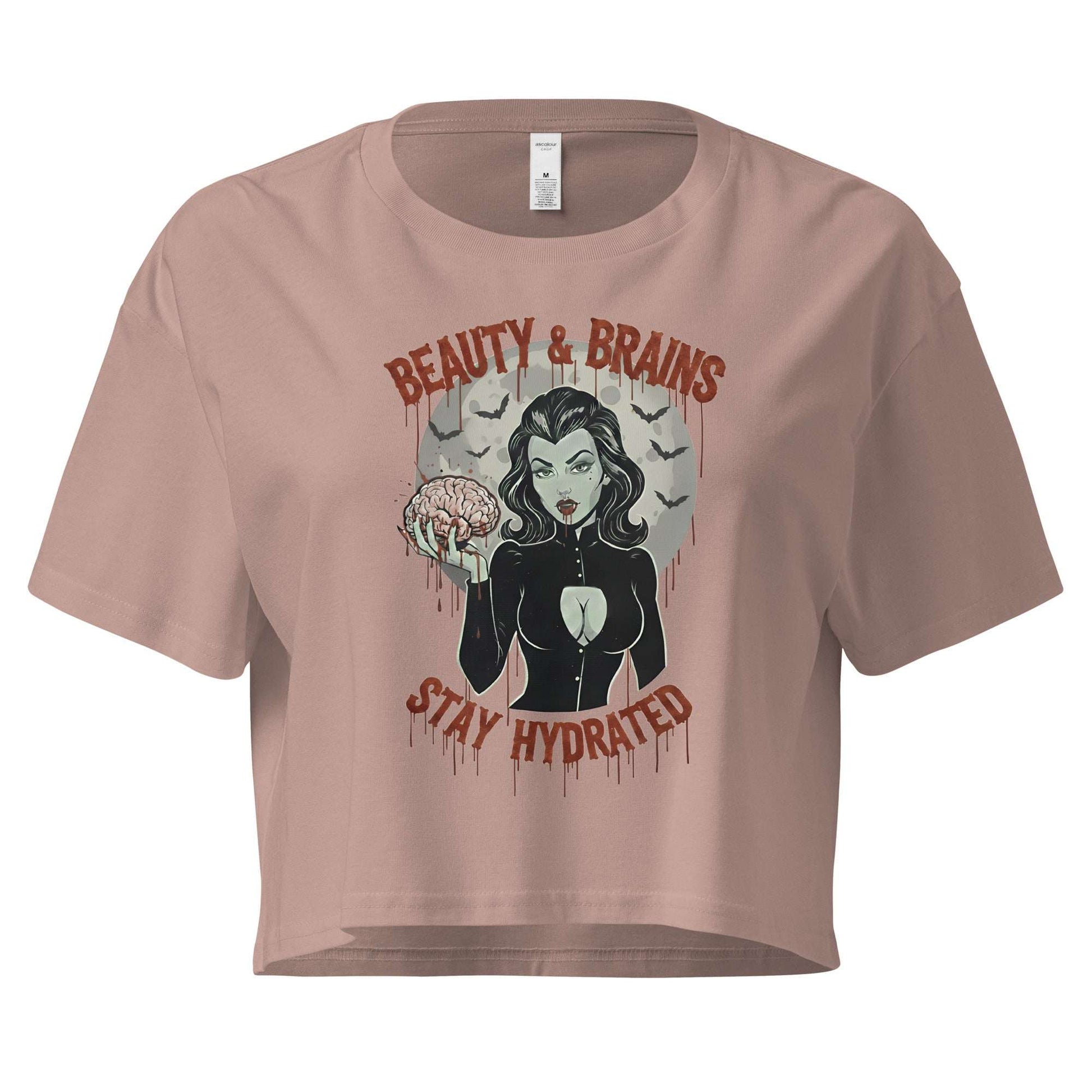 Brown crop top with graphic design and text 'Beauty & Brains Stay Hydrated' on a white background