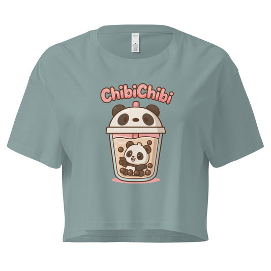 Light blue crop top with a 'Chibi Chibi' panda-themed graphic on a white background
