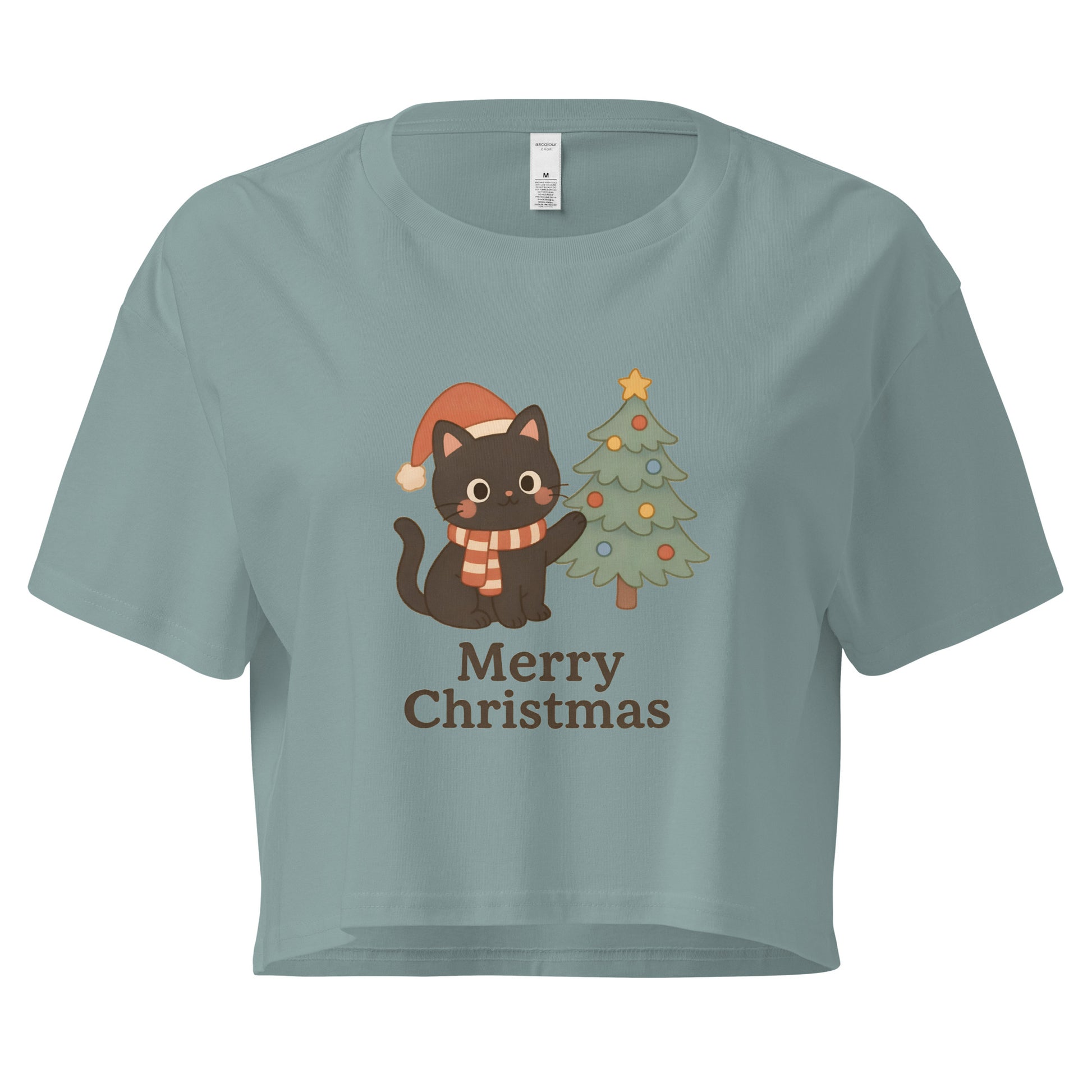 Green Christmas crop top with cute festive cat design