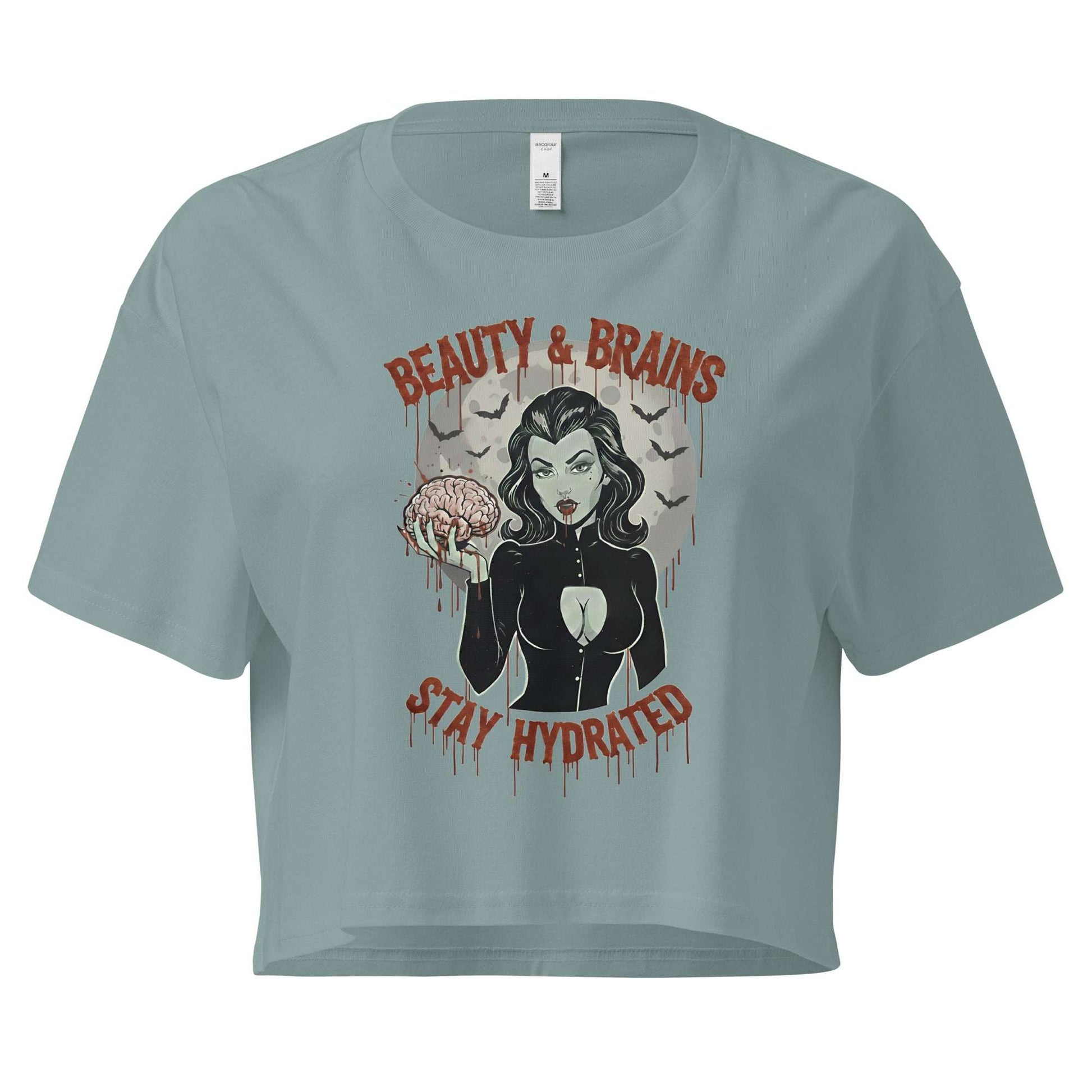 Close up of the ribbed crew neck detail on the Beauty & Brains tee