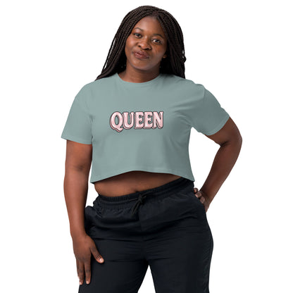 Woman wearing a light blue t-shirt with a logo on a white background