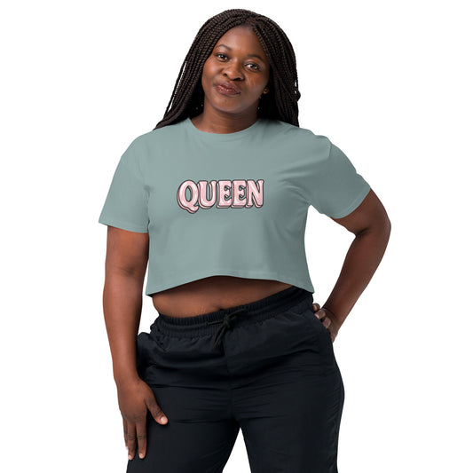 Woman wearing a light blue t-shirt with a logo on a white background