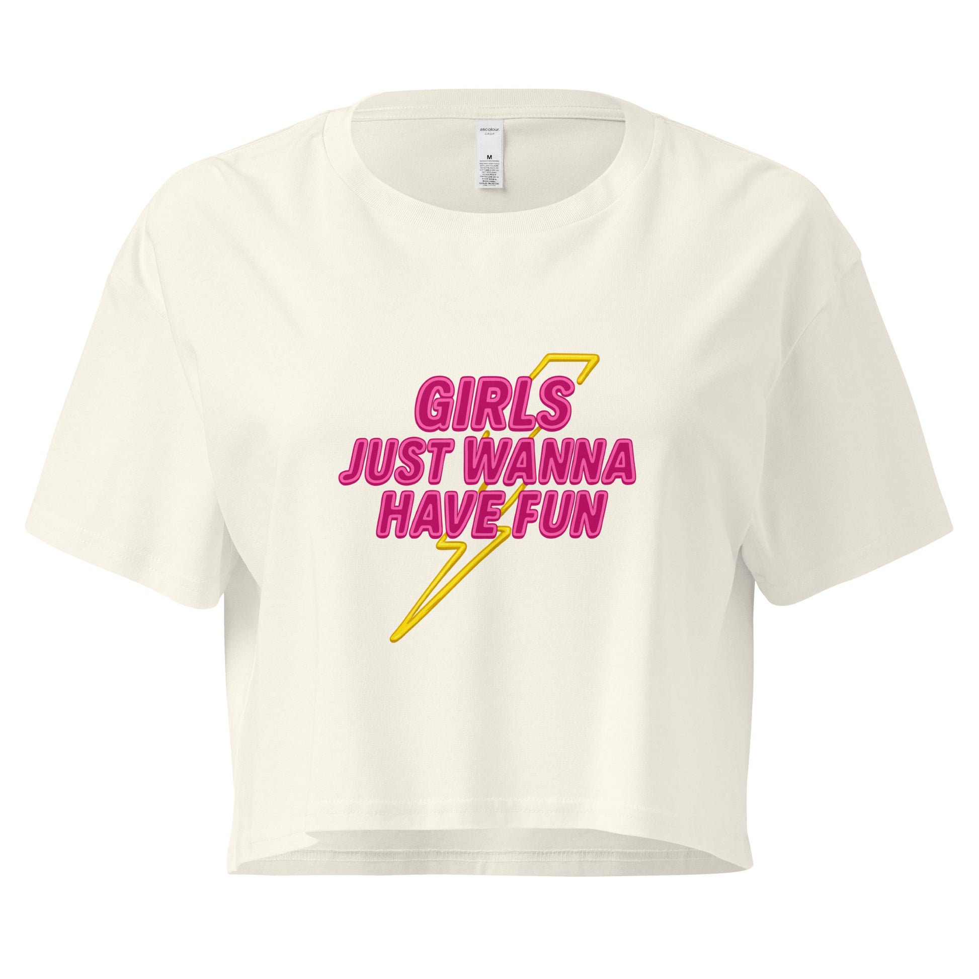 White crop top with pink and yellow text on a white background