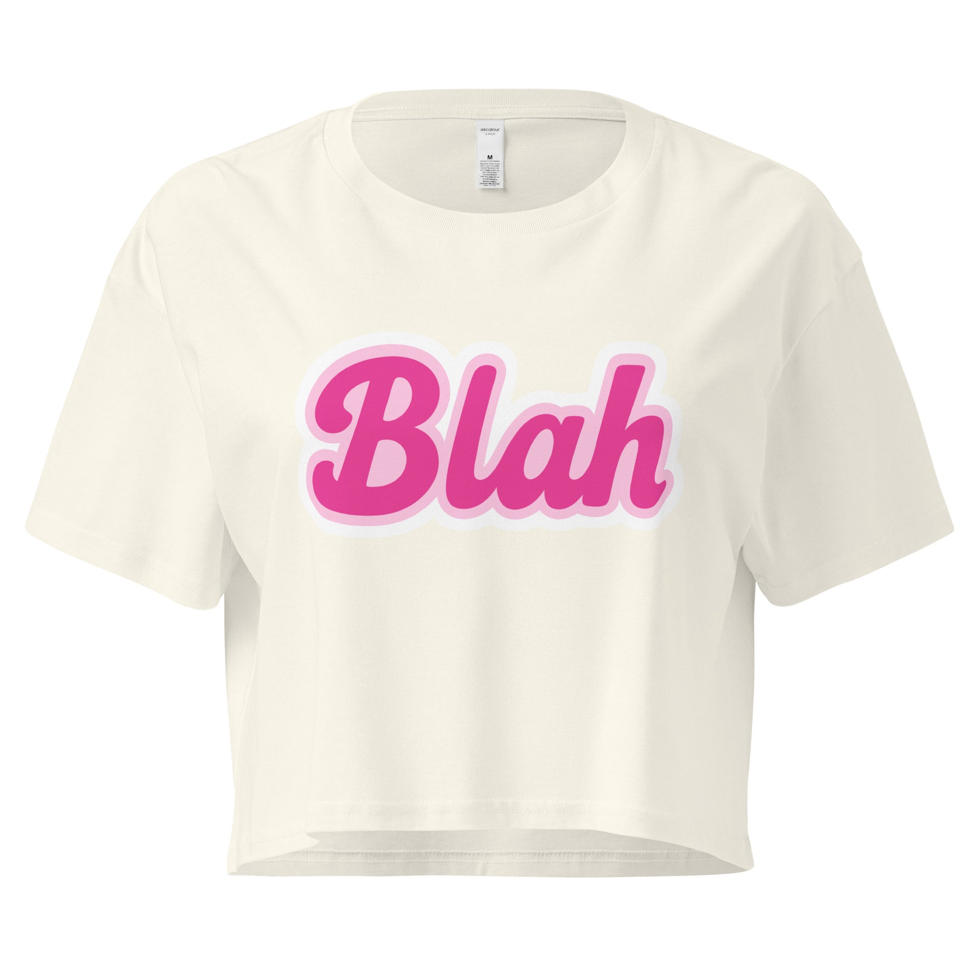 White crop top with pink 'Blah' text on a white background