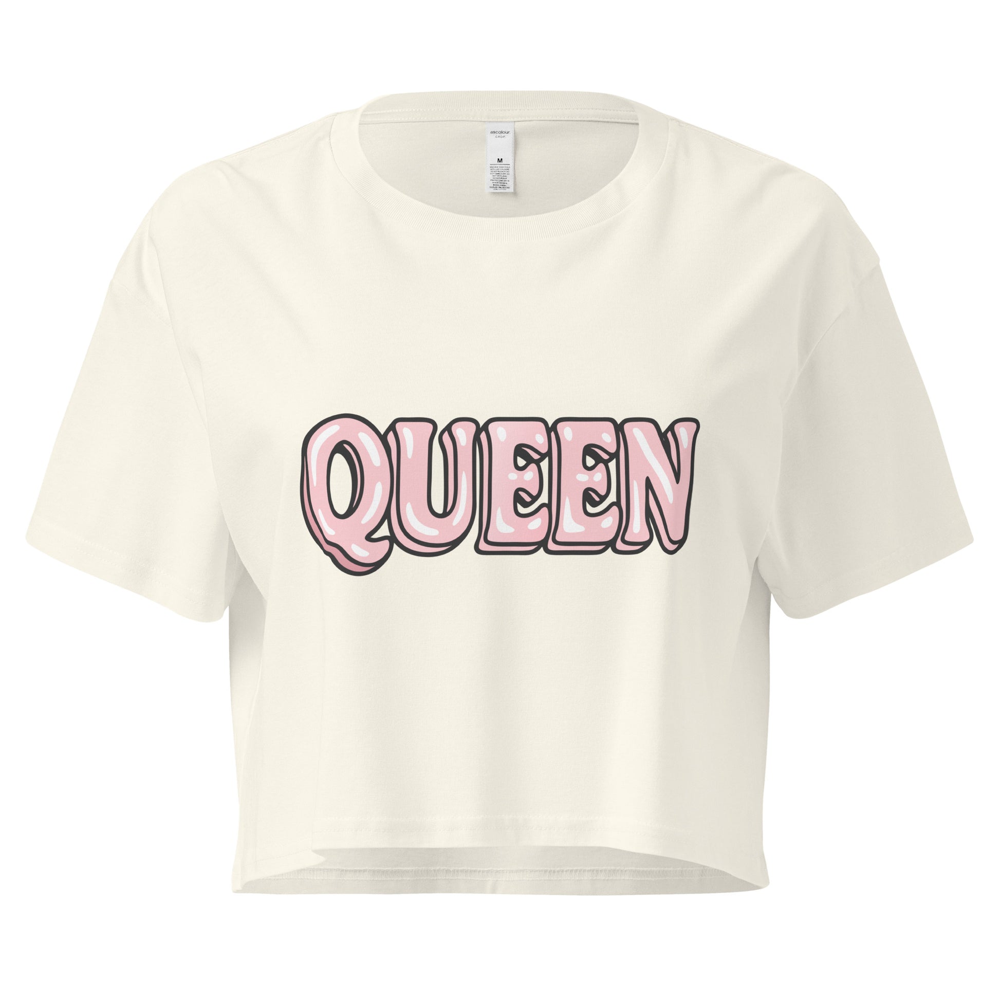 White crop top with 'QUEEN' printed in pink on a white background