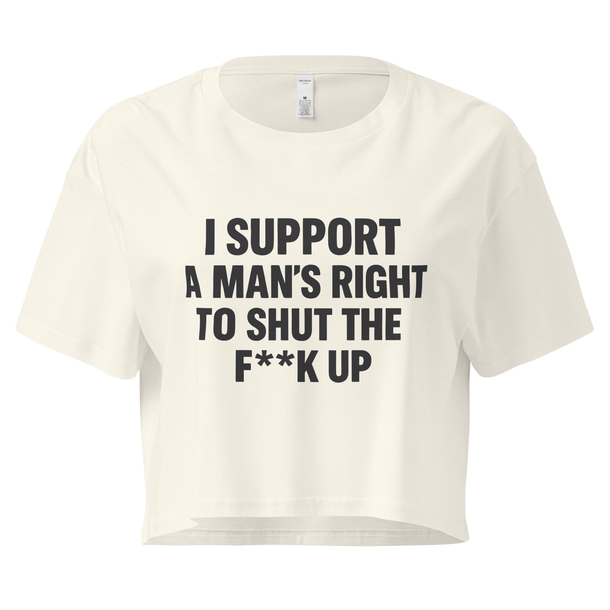 White crop top with black text on a white background