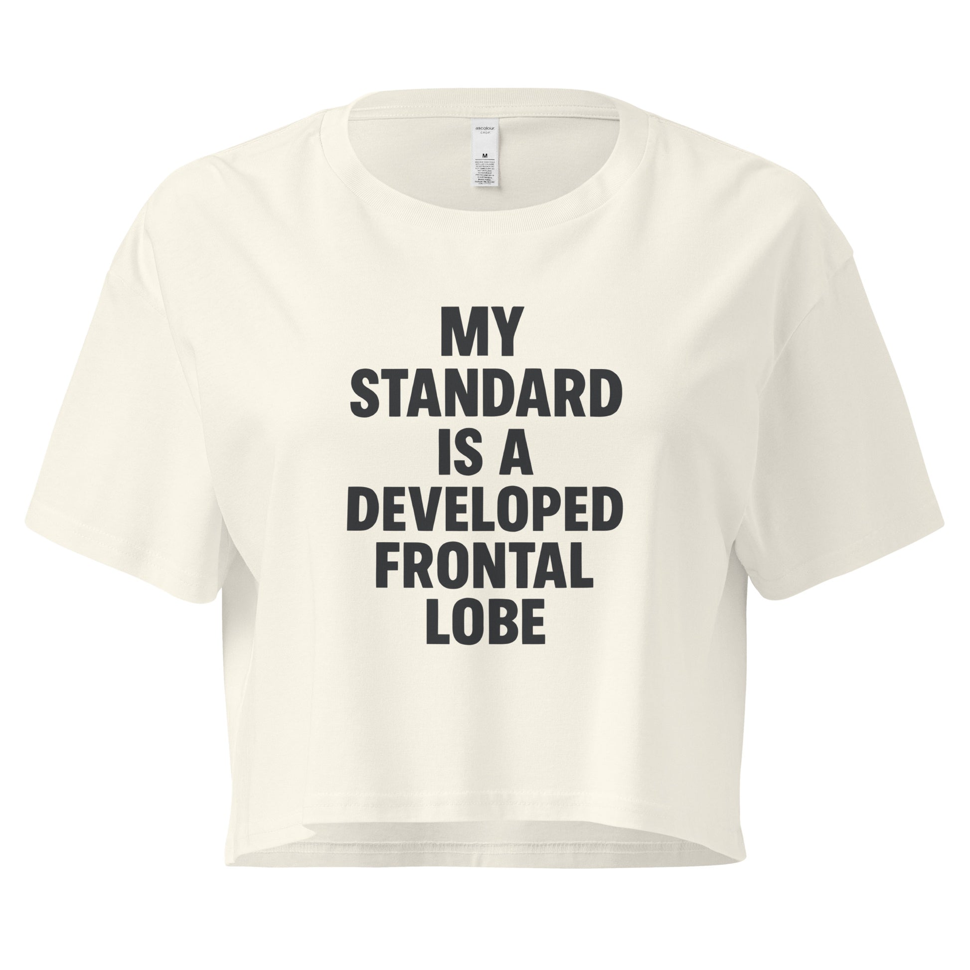White t-shirt with black text on a white background