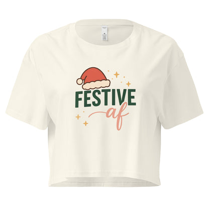 Women’s loose crop top with “Festive AF” Christmas design featuring a Santa hat in ChibiChibi style.