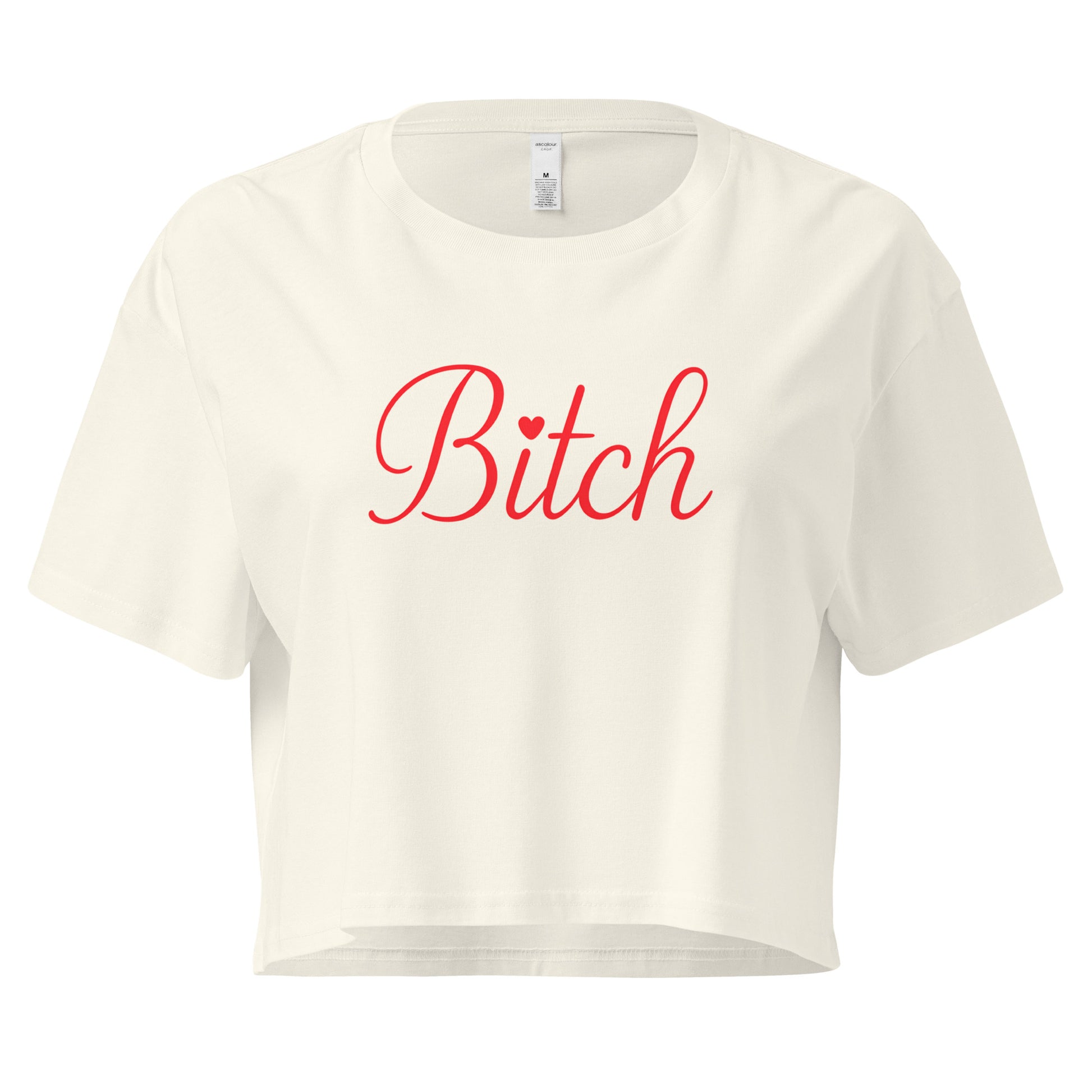 White crop top with 'Bitch' printed in red on a white background