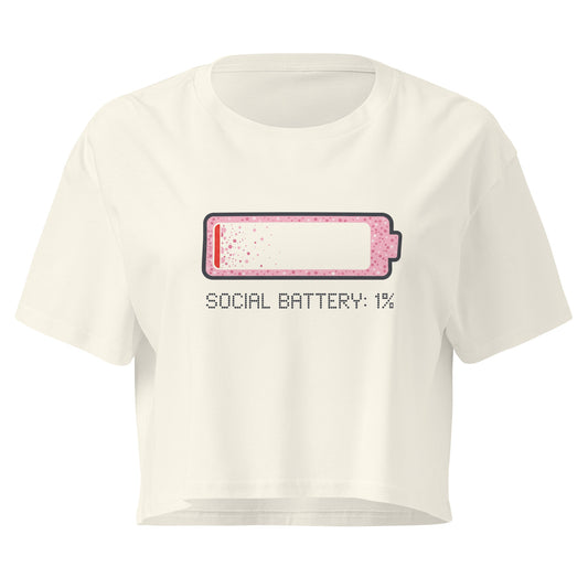 White t-shirt with a graphic of a battery icon and text 'SOCIAL BATTERY: 1%' on a white background