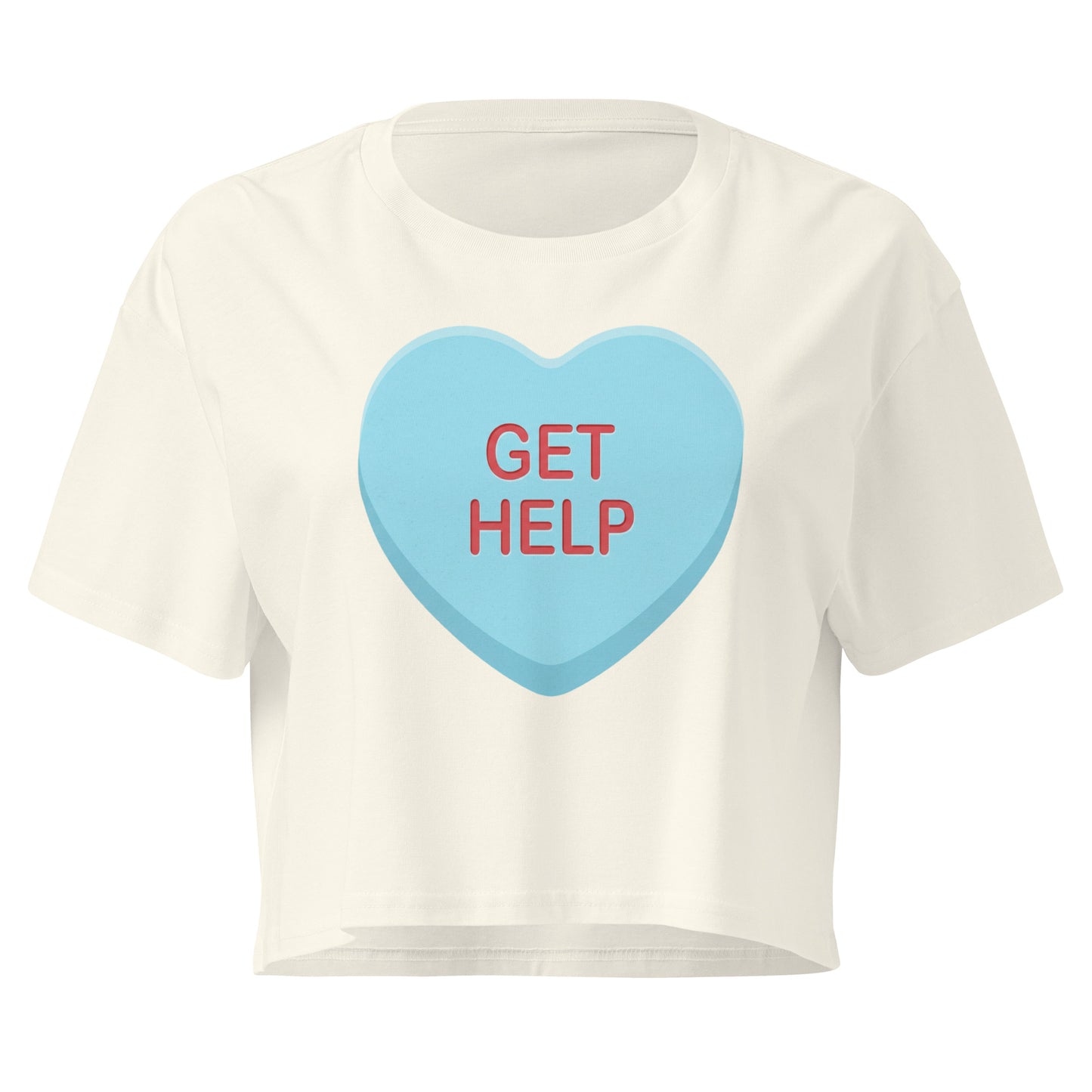 White t-shirt with a blue heart-shaped candy graphic and 'GET HELP' text on a white background