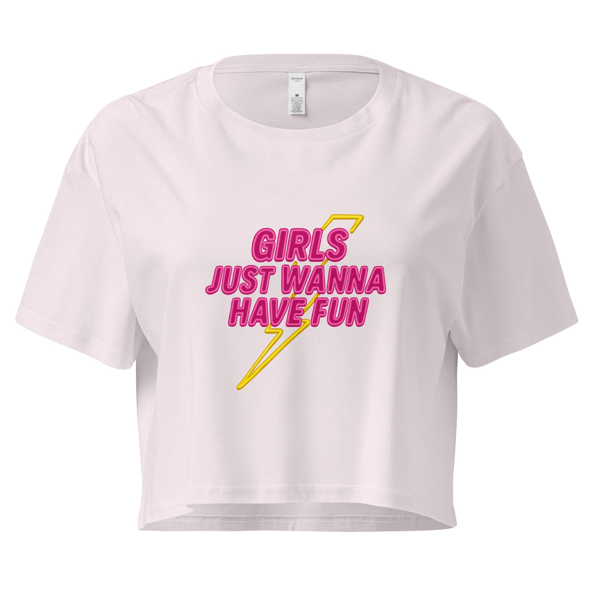 White crop top with pink and yellow text on a white background