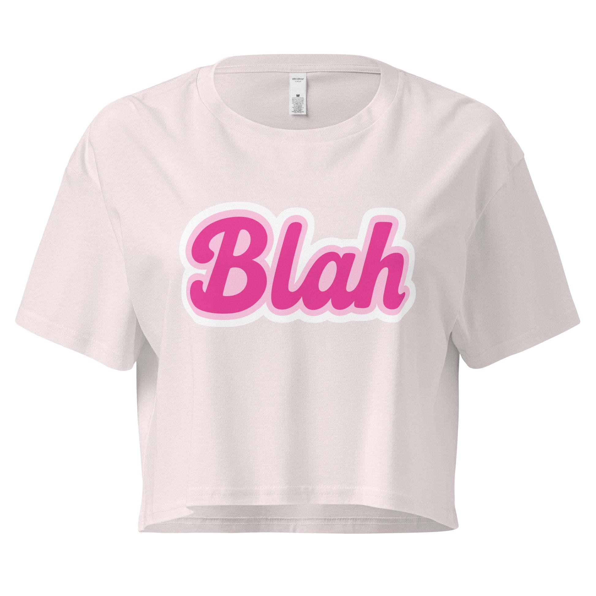 White crop top with pink 'Blah' text on a white background