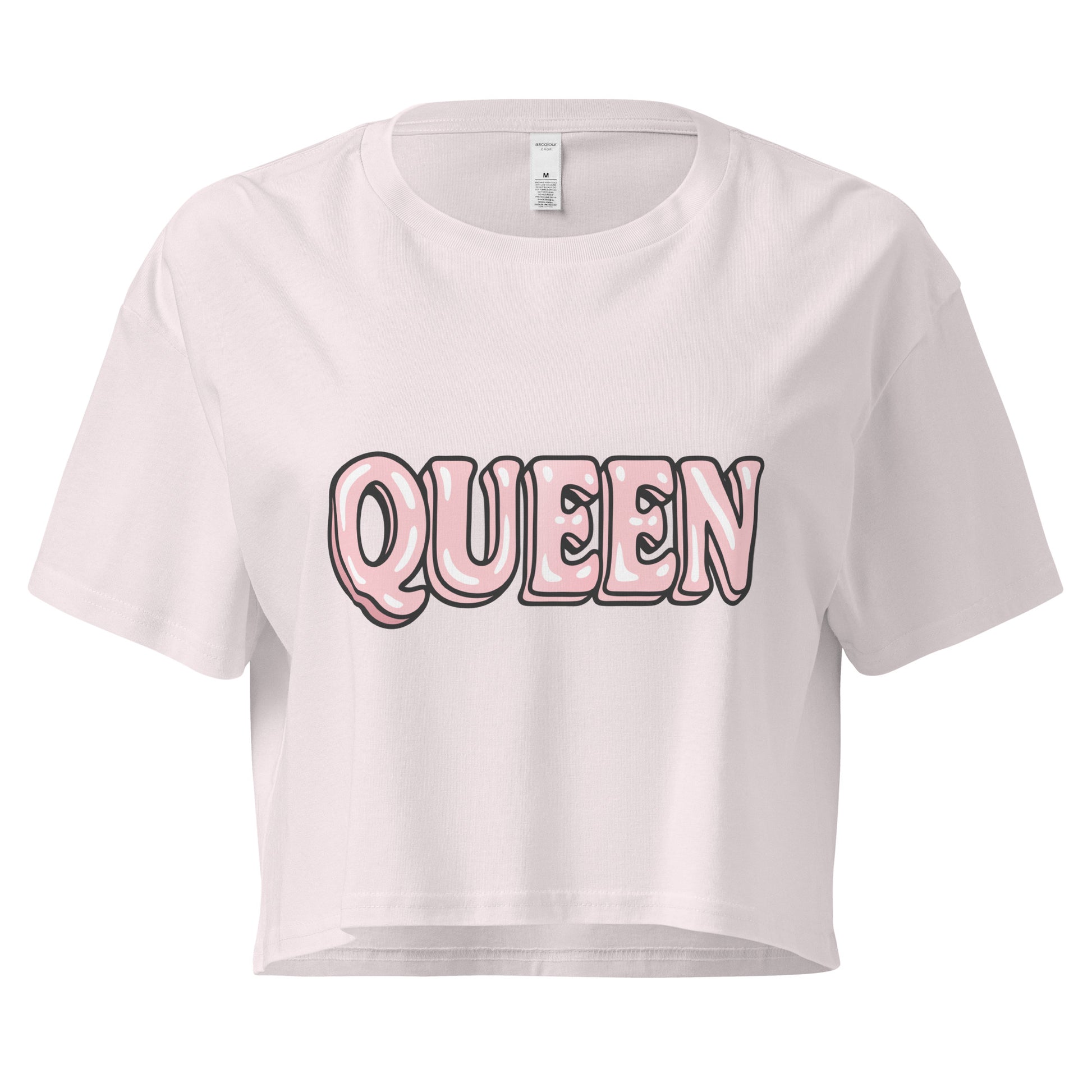 White crop top with 'QUEEN' printed in pink on a white background