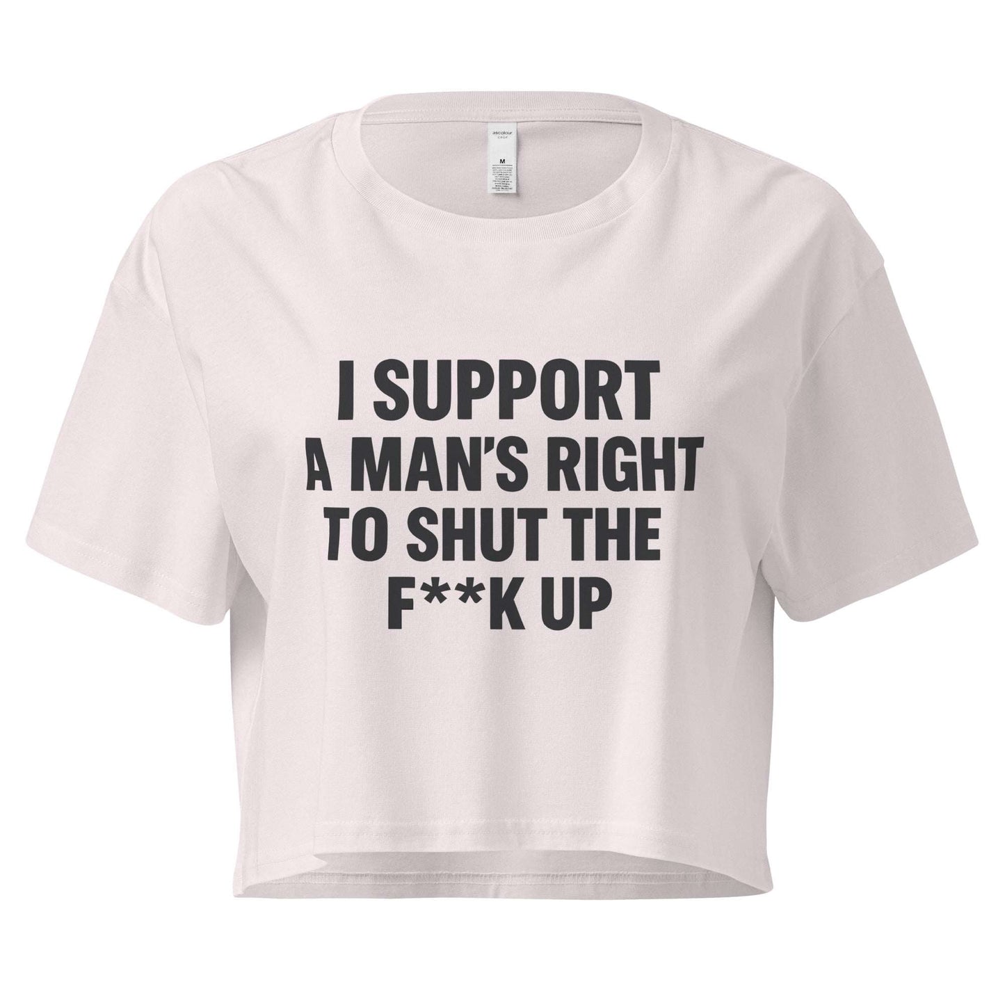 White crop top with black text on a white background