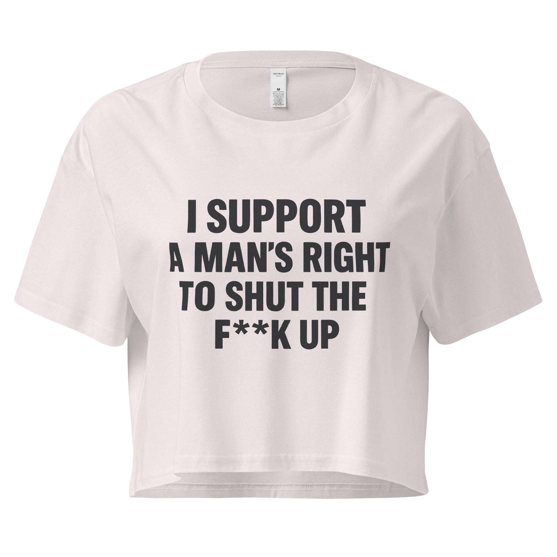 White crop top with black text on a white background