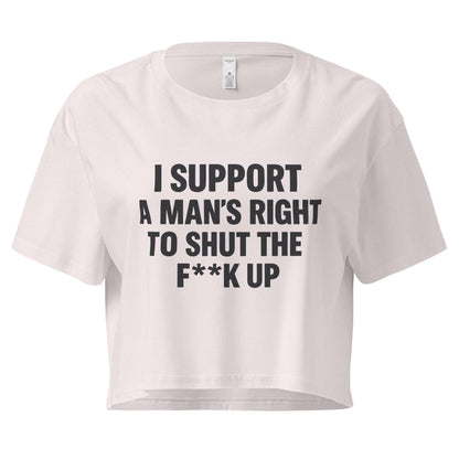 White crop top with black text on a white background