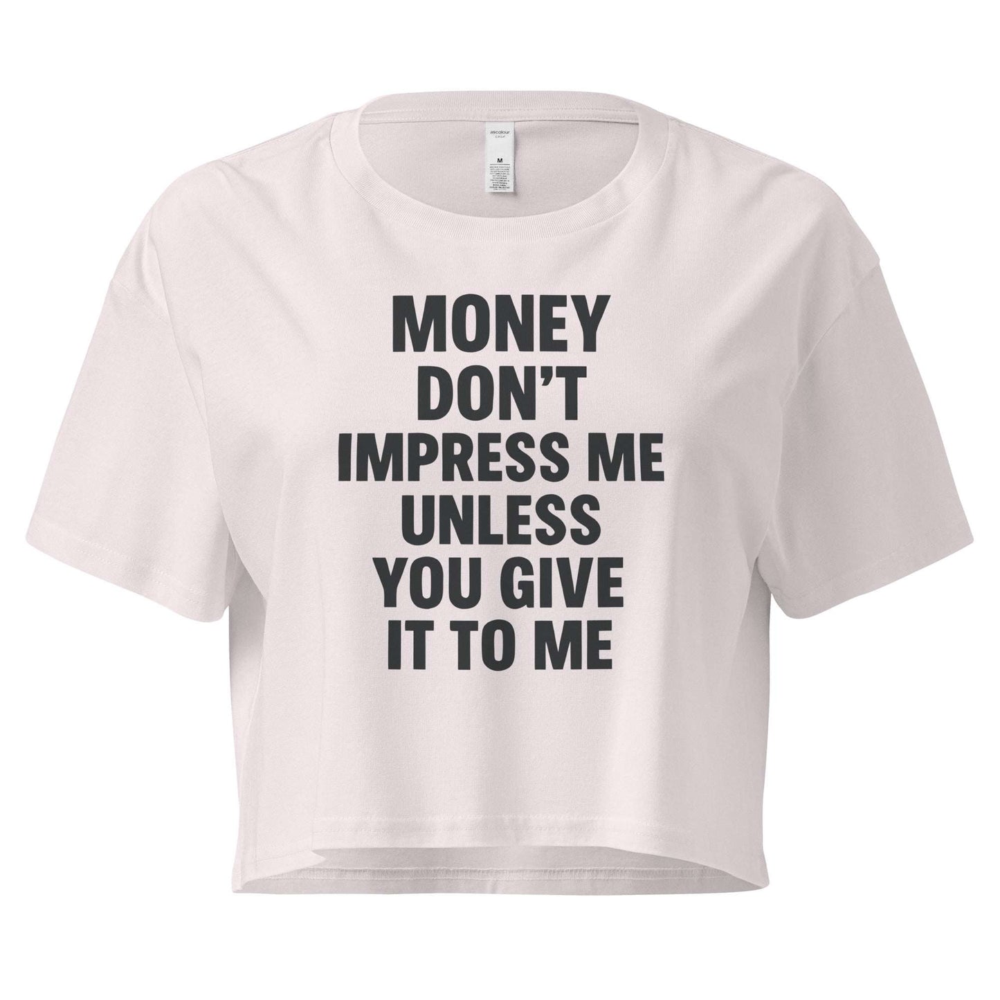 White crop top with black text on a white background