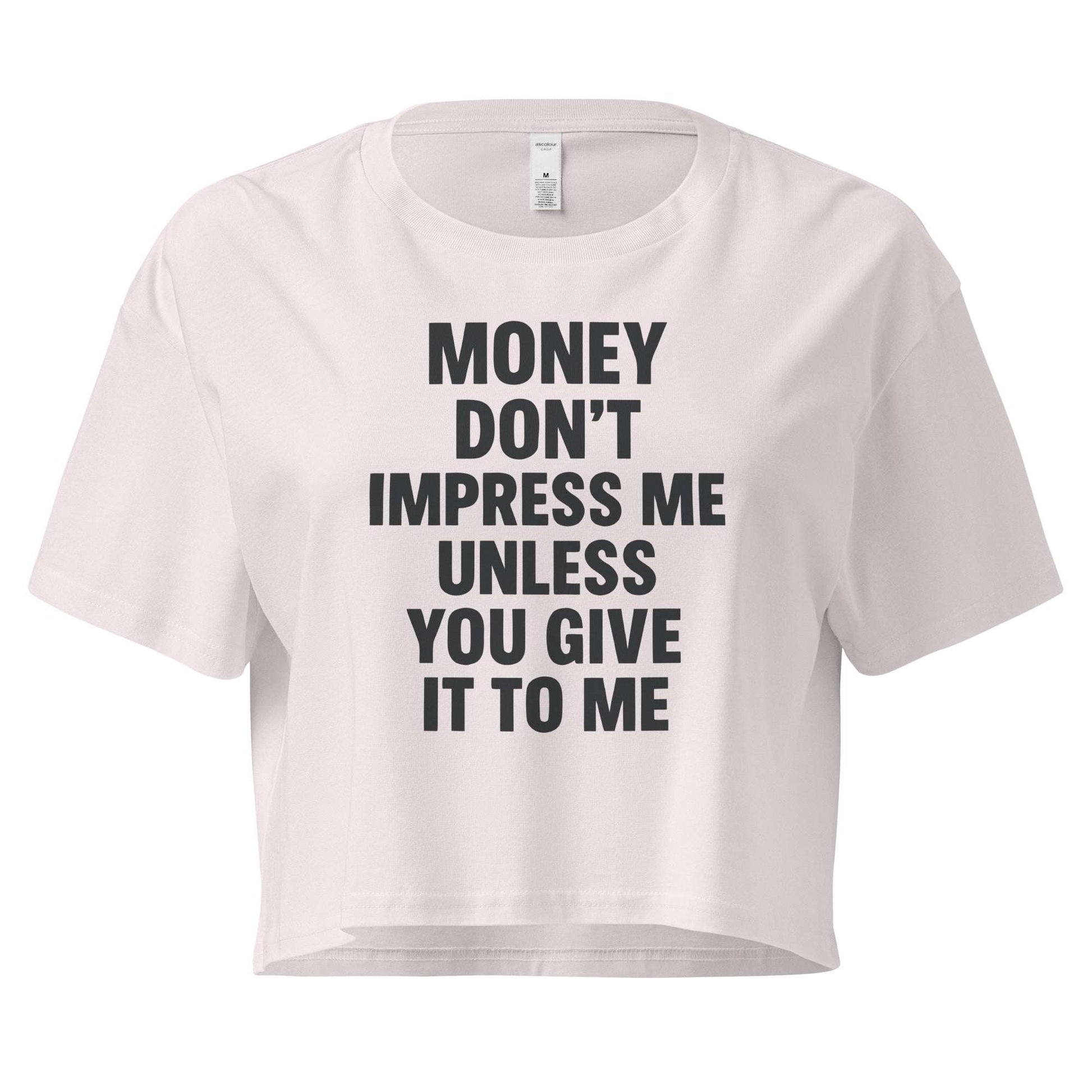 White crop top with black text on a white background