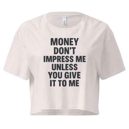 White crop top with black text on a white background