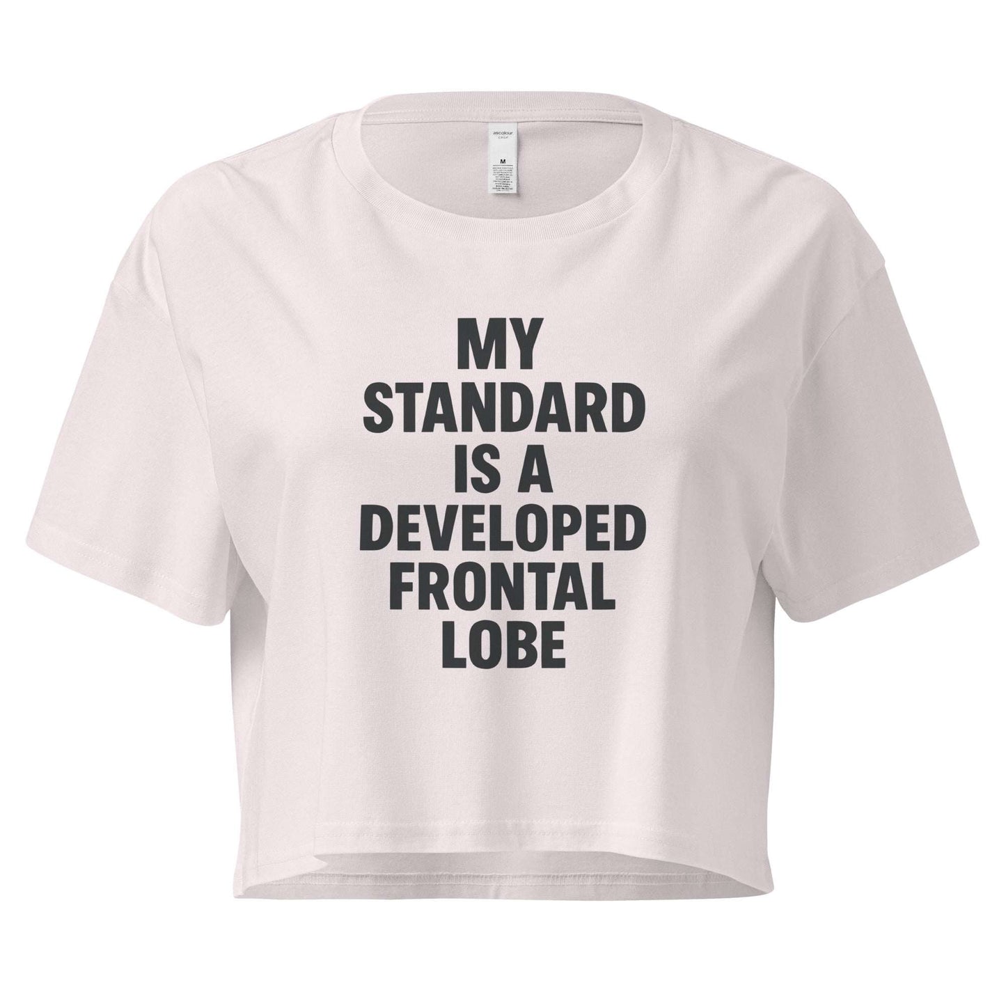 White crop top with black text on a white background