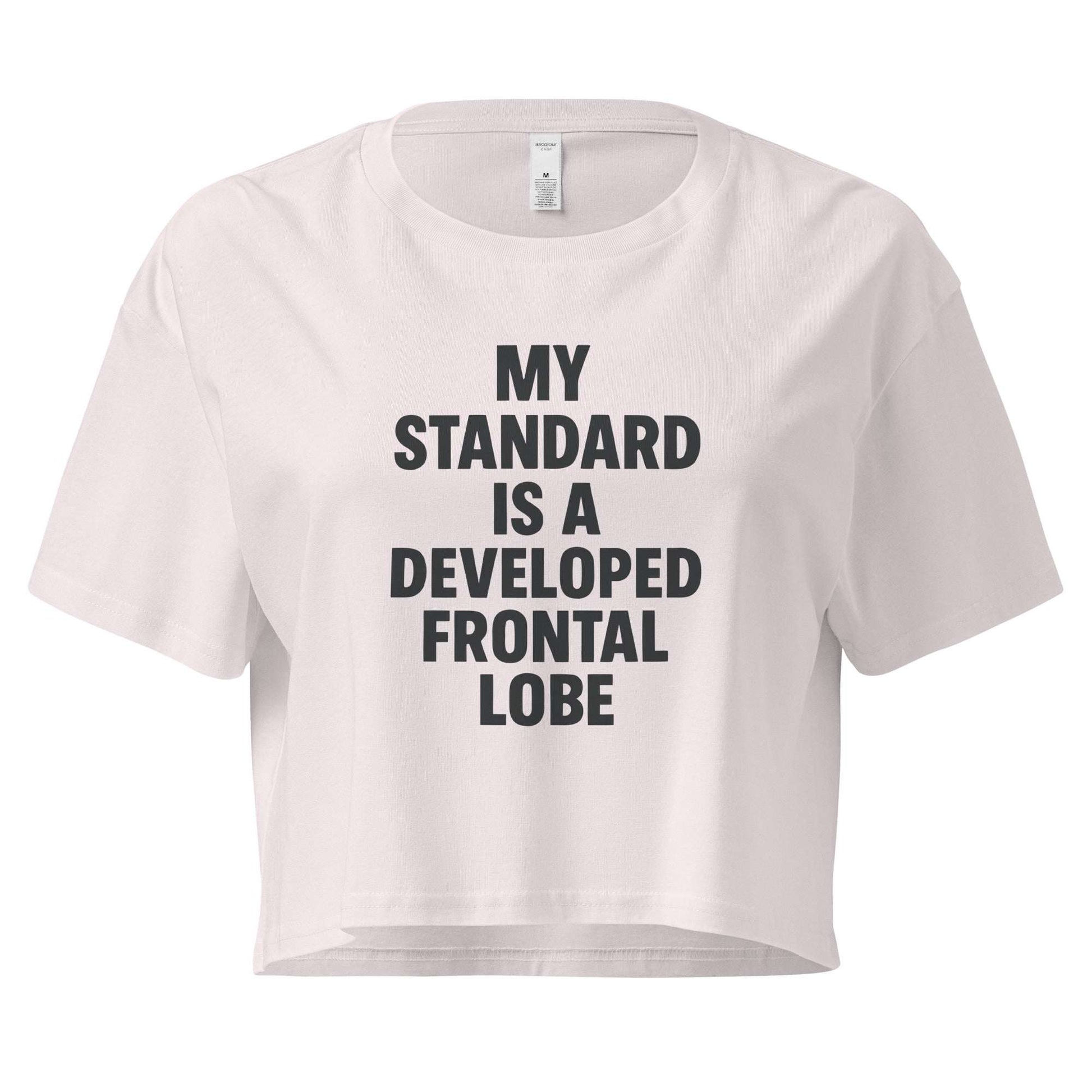 White crop top with black text on a white background
