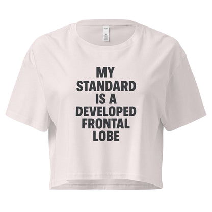 White crop top with black text on a white background