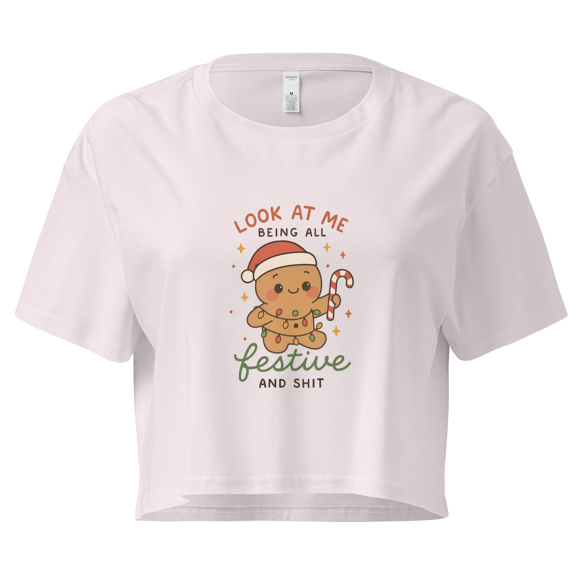 Women’s loose crop top with cute gingerbread “Festive and Shit” Christmas design in ChibiChibi style.